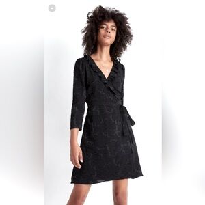 Madewell Black Floral Jacquard Wrap Dress with Ruffled Neckline Above Knee Sz M